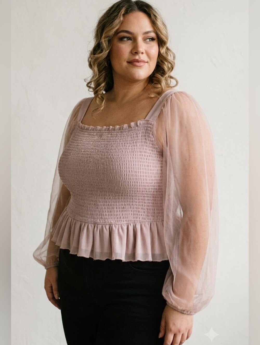 Arula Sheer Mesh Balloon Sleeve Smocked Peplum Top Blush Pink Size A / 1X